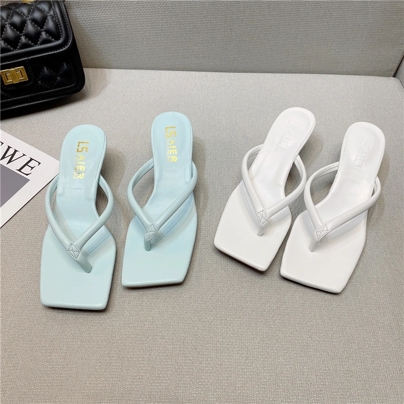 

Flip Flops Fashion Outdoor Vacation With Skirt Elegant Womens Slippers Square Toe Sandals Femme High Heel Party Dress Shoes 2022