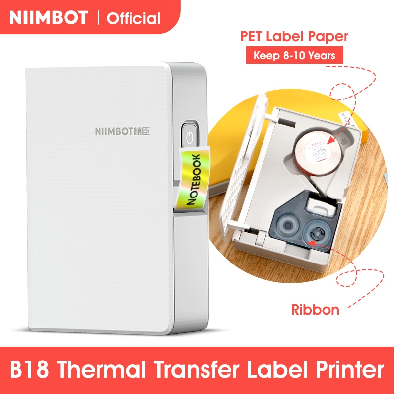 

Mini Portable Label Printer NIIMBOT B18 Thermal Transfer Pocket Printer Inside Black Ribbon Sticker Maker With Long Life Labels