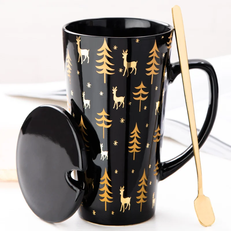 

Керамическая кофейная кружка с крышкой и ложкой, креативная чайная чашка, чашка для завтрака и молока, домашние кружки, посуда для напитков, ...