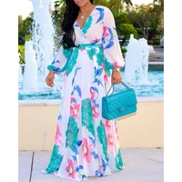 ninimour holiday beach sexy robes women tropical print deep v belted warp maxi dress summer boho style long sleeve dress 2022