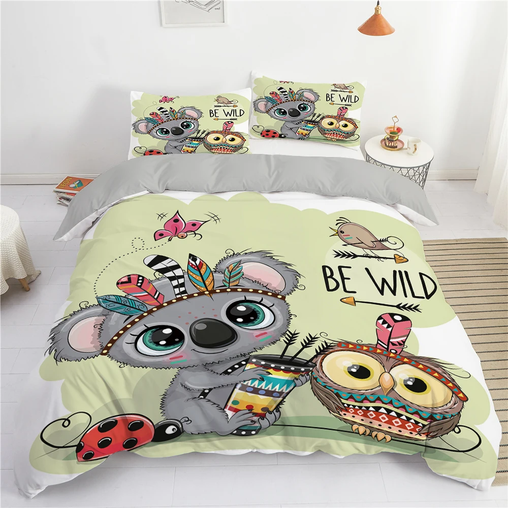 

Cartoon Owl Duvet Cover Cute Night Animal for Kids Boys Girls Gifts Owl and Koala Tribal Feather Style Green Bedroom Decorations
