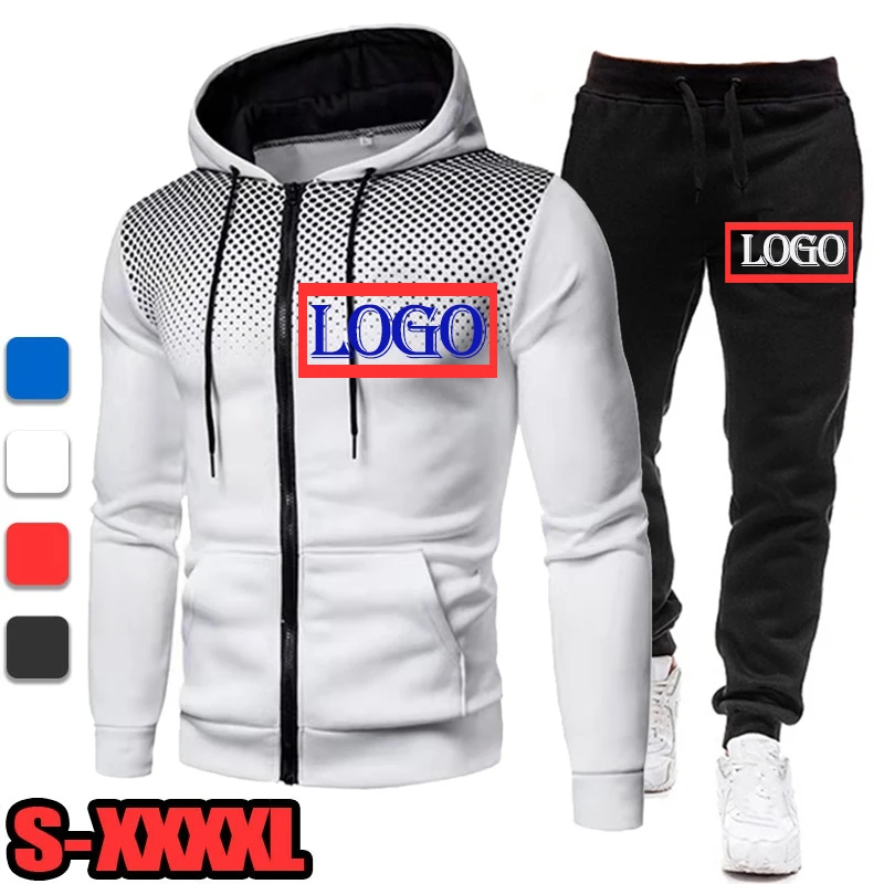 

New Brand Men Tracksuit Make Your LOGO Zip Cardigan+Black Pant 2Piece Set Outdoor Casual Spring Autumn Male Sportswear Plus Size