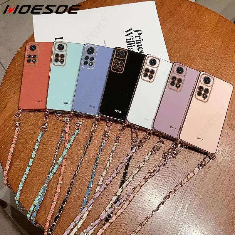 Plating Chain Lanyard Case For Xiaomi Mi 12T 11T Poco F3 X3 NFC M3 Pro 5G Redmi Note 11 10 11E Pro 11s Coque Neck Strap Cover