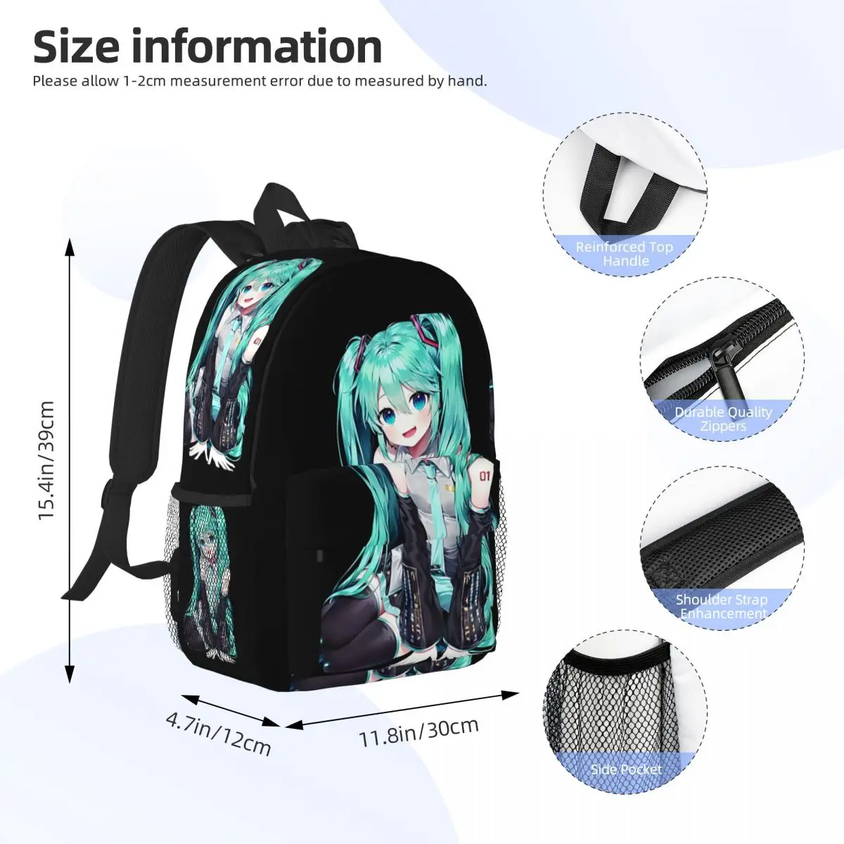 Hatsune-Miku New Fashionable Pattern School Bag Print Lightweight Backpack 15inch