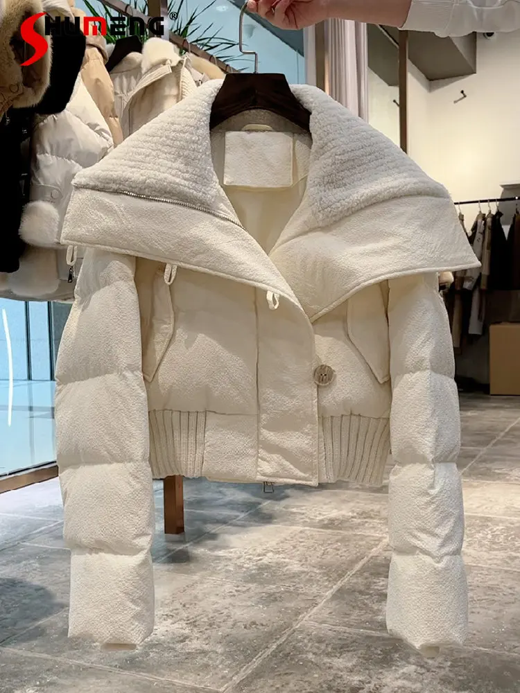 High-End Winter Clothes Women White Down Jacket French Style Temperament Women's Lapel Long Sleeve Short Cotton-Padded Coat