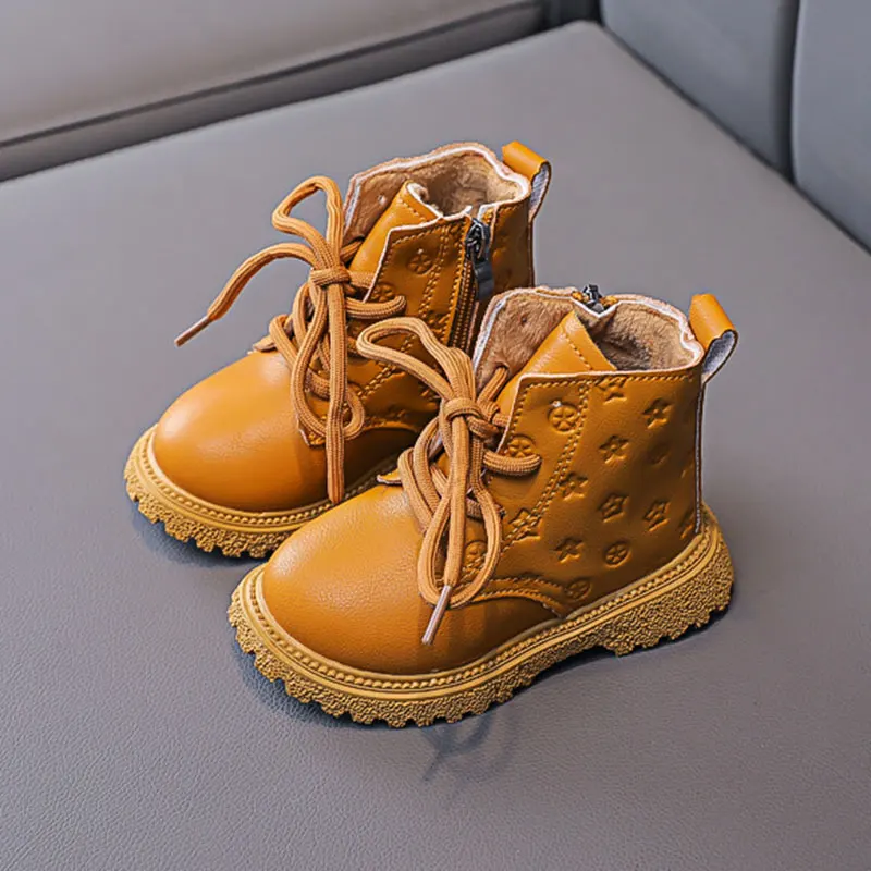 Fashion Print Children Boots Winter Plush Ankle boots Warm Soft Bottom Leather Shoes for Toddler Baby Girls Non-slip Kids Shoes