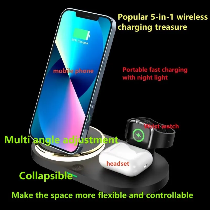 

5 in 1 15W Multifunctional Fast Charging Dock Wireless Magnetic Charger Stand Mobile Phone Watch Earphone Portable with Light