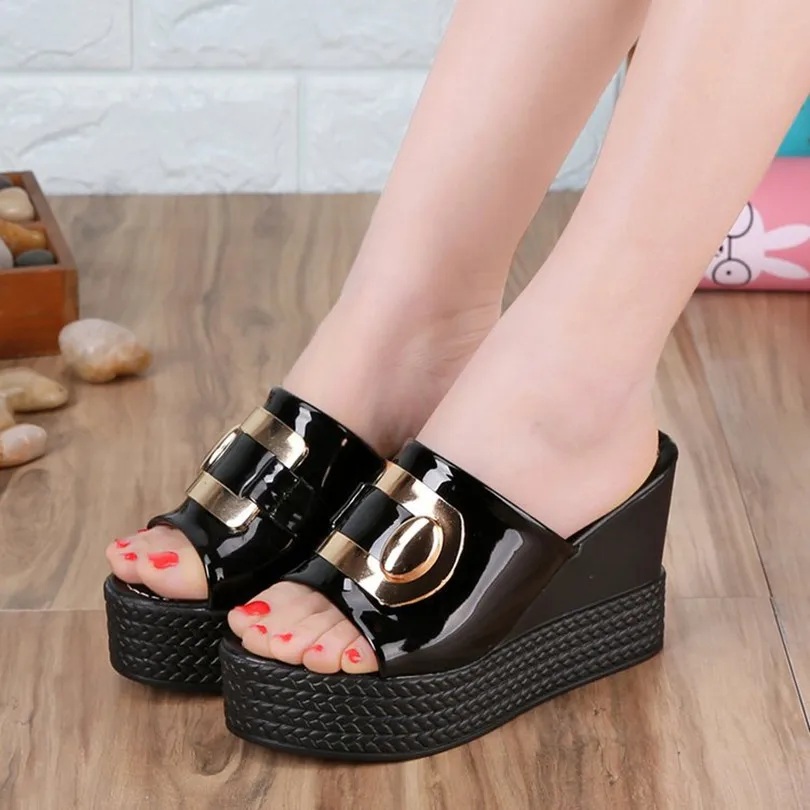 Summer Slippers For Women Party Shoes Thick Platform PU Outside Pumps Peep-toe Female Heeled Shoes  9cm High Heels Woman Slides