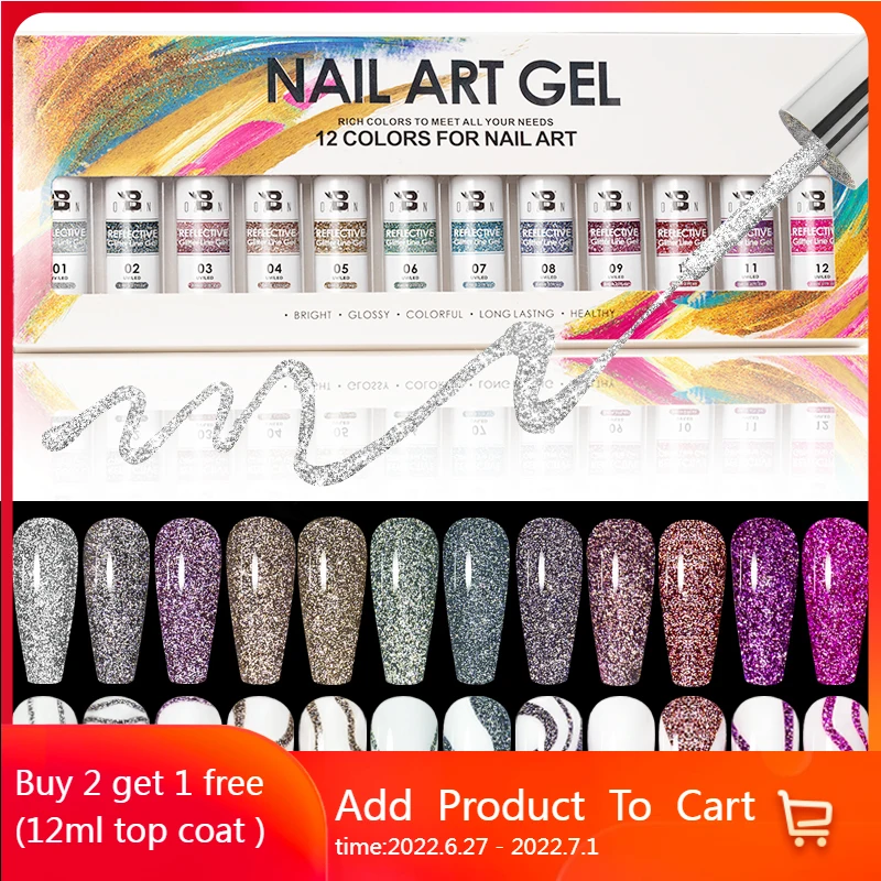 

BOZLIN 12Pcs Reflective Glitter Line Gel Nail Polish Kit Sparkling Holographic Soak Off Semi Permanent Color Nail Art Gel Set