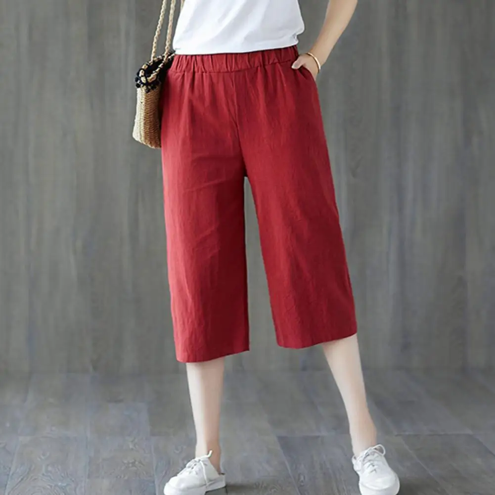 Fashion Casual Pants  Thin Cotton Linen Cropped Trousers  Elastic Waist Cropped Pants