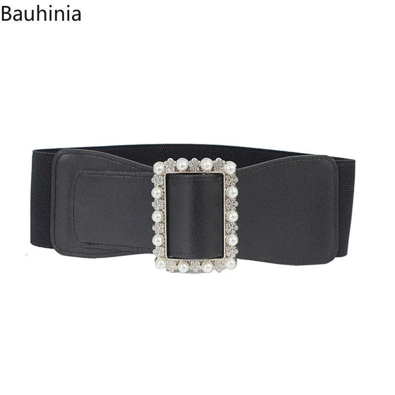 

2022 Brand New 60-85cm Woman Pearl Embellished All-match Elastic Belt Simple Design Black/Beige Wide Cummerbunds