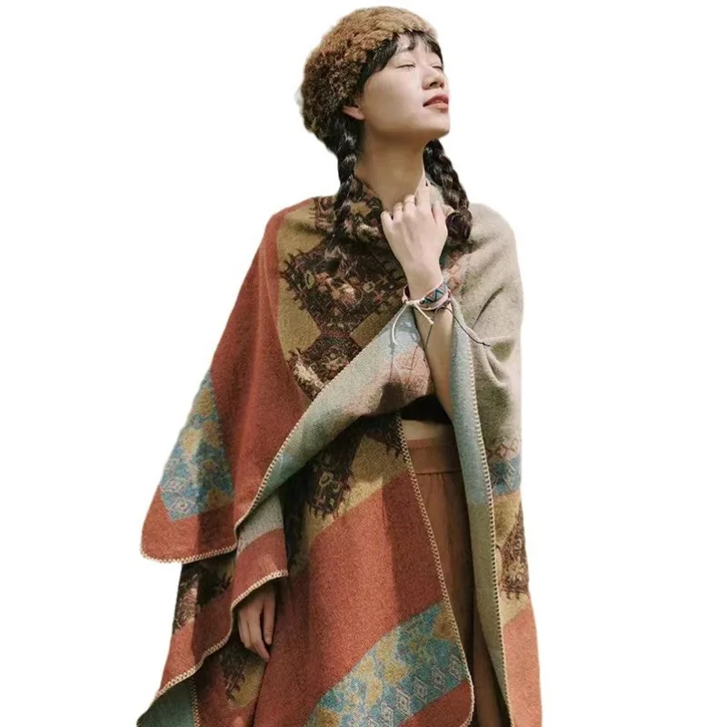 Женский Вязаный Шарф Шаль С Короткими Рукавами Кардиган Пончо Клетчатая