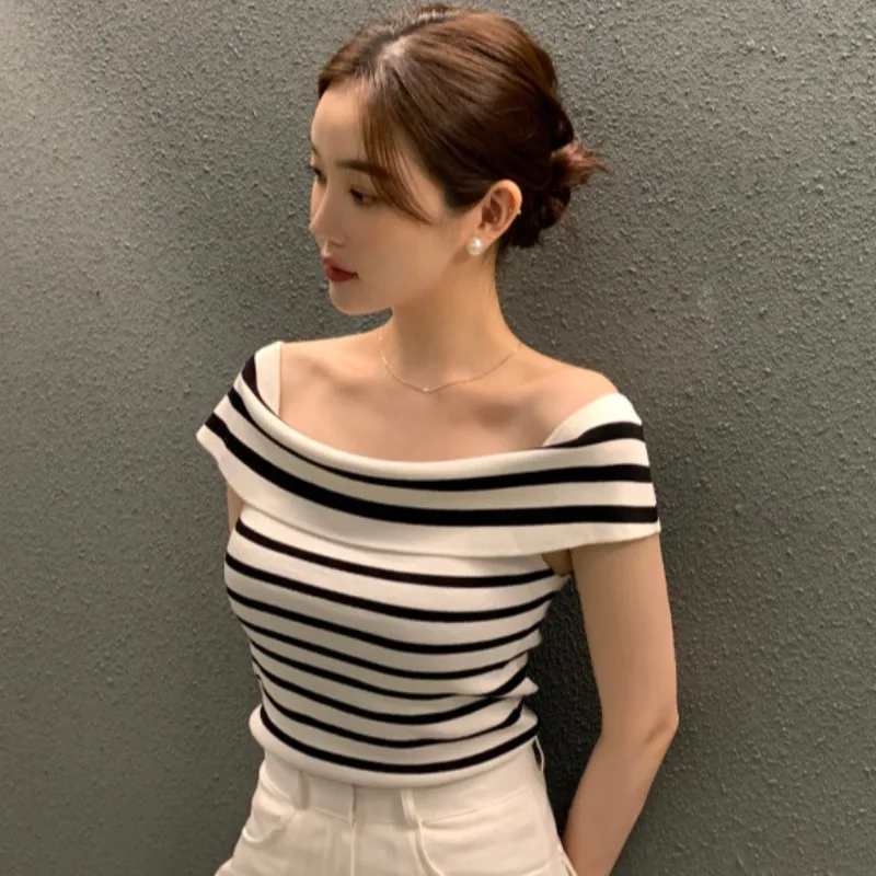 

Fashion Striped Off Sleeve Slim Korean Shoulder Slash Sexy Knitted Solid Mujer Short Neck Summer Pullover T-shirt Woman Ropa