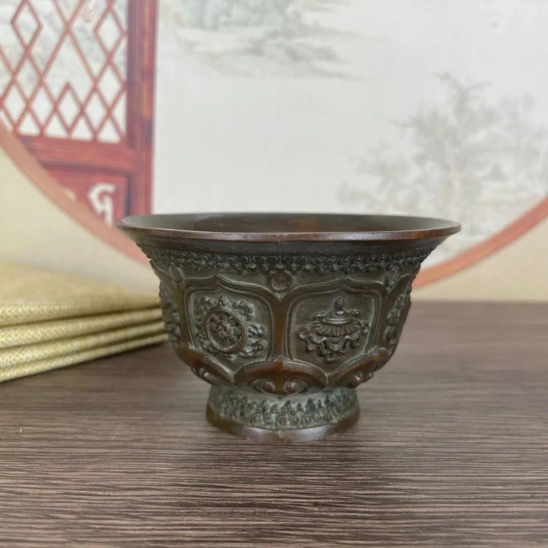 Винтажная медная чаша с восемью сокровищами лотоса приносит удачу и
