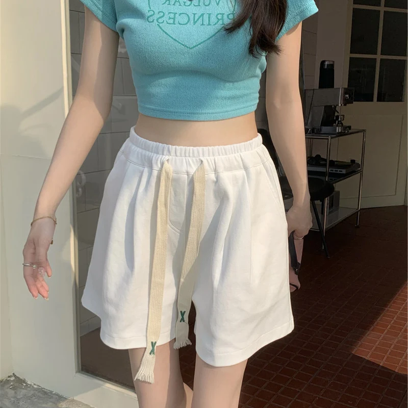 Elastic waist outer wear sports wide leg shorts for women's summer thin knit cotton Korean high waisted solid color casual pants