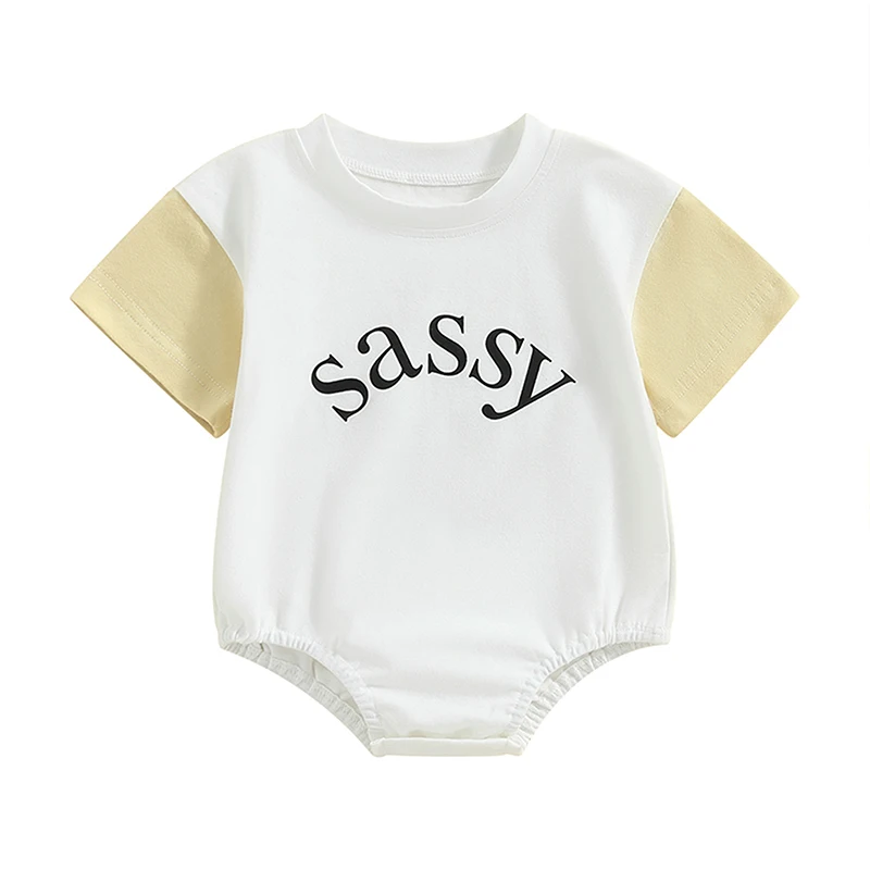 

Newborn Baby Summer Romper Short Sleeve Letter Print Contrast Color Loose Bodysuit