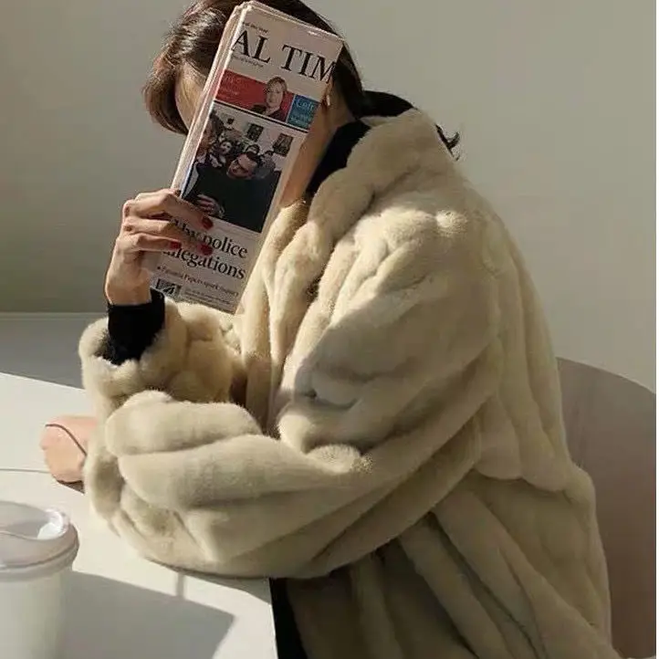 

Autumn and Winter Coat New Imitation Mink Fur Coat Women's Medium and Long Stand Collar Korean Version Loose and Warm