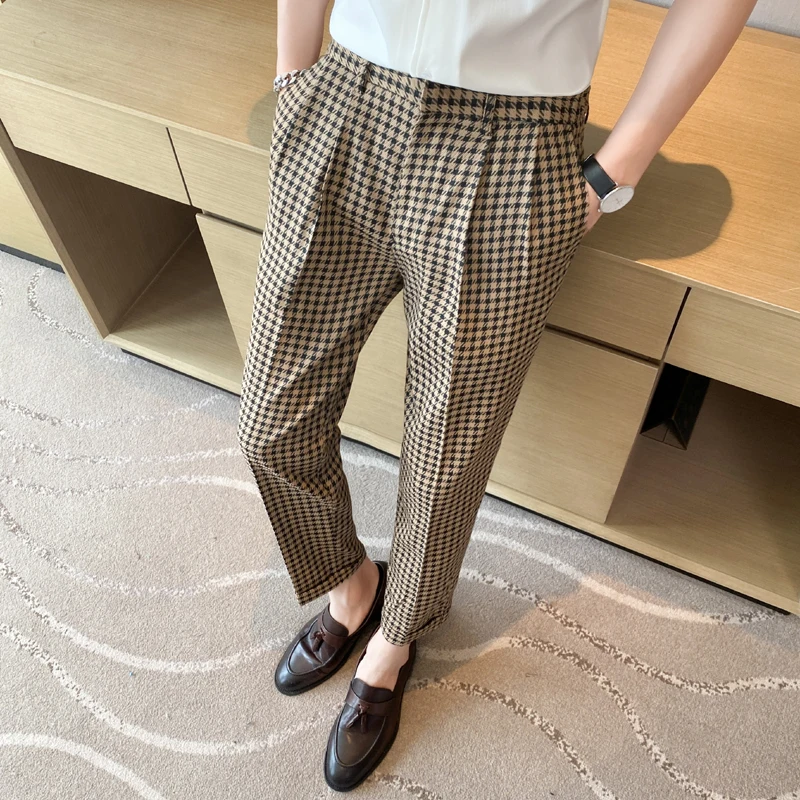 

Summer Slim Fit Houndstooth Business Dress Pant Men Gentleman Office Social Casual Suit Pants Male Simple Wedding Groom Trousers