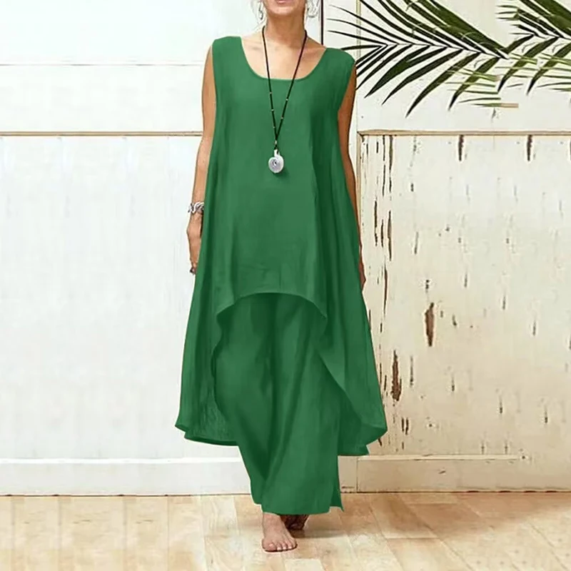 

New Cotton Linen Pants Sets Fashion Solid O-Neck Irregular Hem Tank Top and Wide Leg Pants Two Piece Sets Casual Ladies Suits