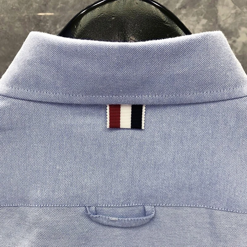 TB THOM Luxury Brand Shirts Men Slim Patch Long Sleeve Striped Casual Shirt Turn Down Collar Oxford Solid TB Men's Clothing