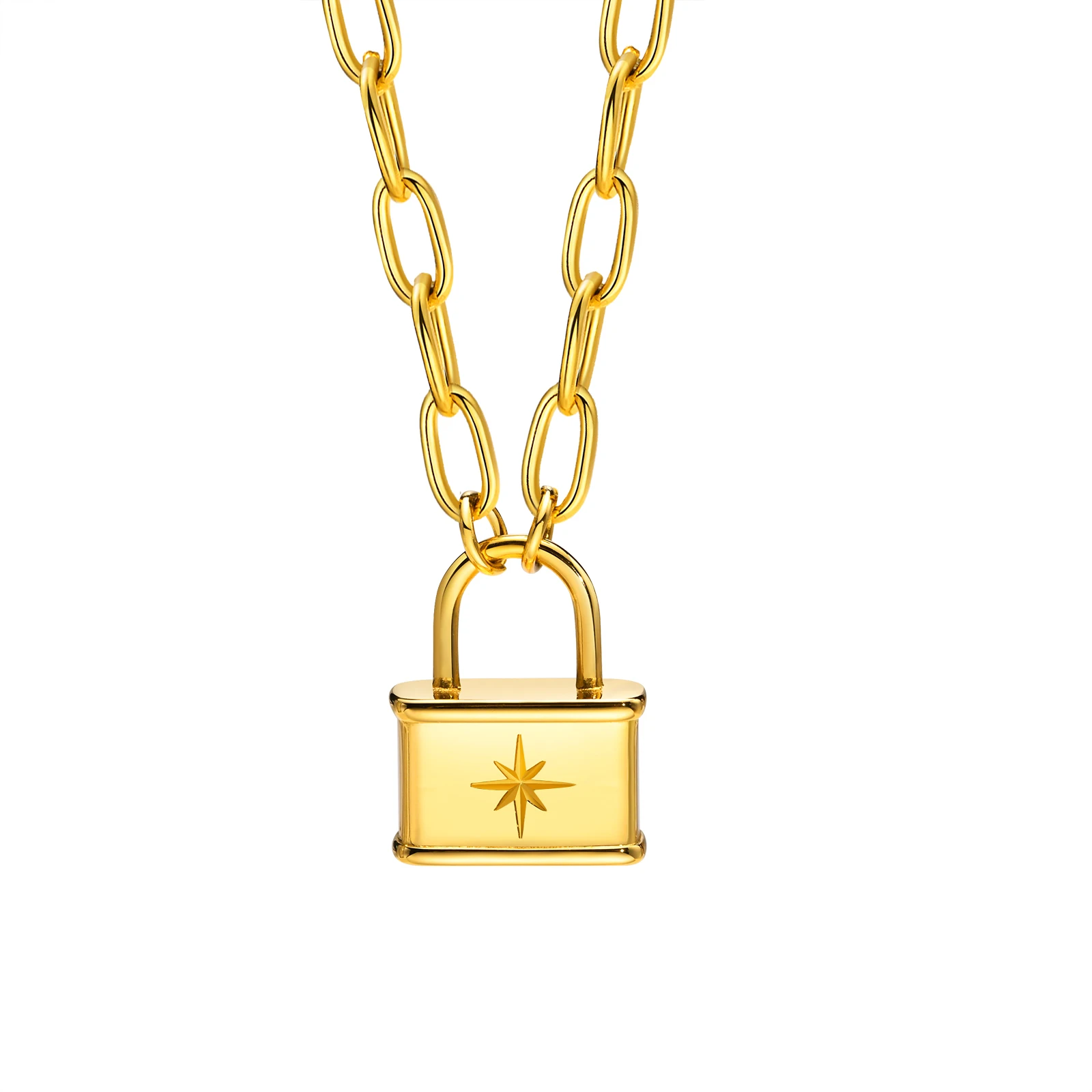 

Women Chic Padlock Necklaces, Gold Color Stainless Steel Lock Pendant with Star Stamp,Paperclip Chain Choker Collar