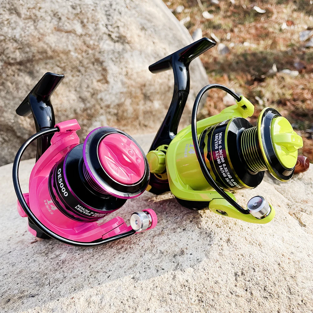 

Reels Drag 5-12KG Fishing Spinning Reel OE 2000 3000 4000 5000 6000 7000 Series Metal Spool Speed 5.2:1 Fish Alarm Green Pink