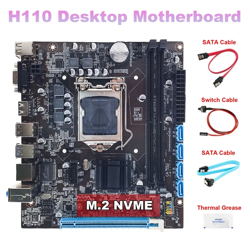 

H110 Desktop Motherboard Parts +2XSATA Cable+Switch Cable+Thermal Grease LGA1151 M.2 NVME Support 2XDDR4 For 6/7/8Th 14Nm