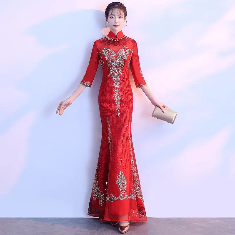 Женское облегающее платье-русалка осеннее платье с блестками и вышивкой для