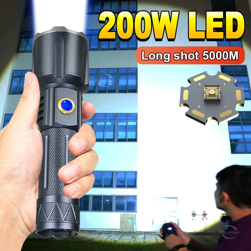 

5000 Meters Shot Long LED Tactical Flashlight USB Rechargeable Searching Spotlights 5200mAh 26650 Battery White LED Flashlight