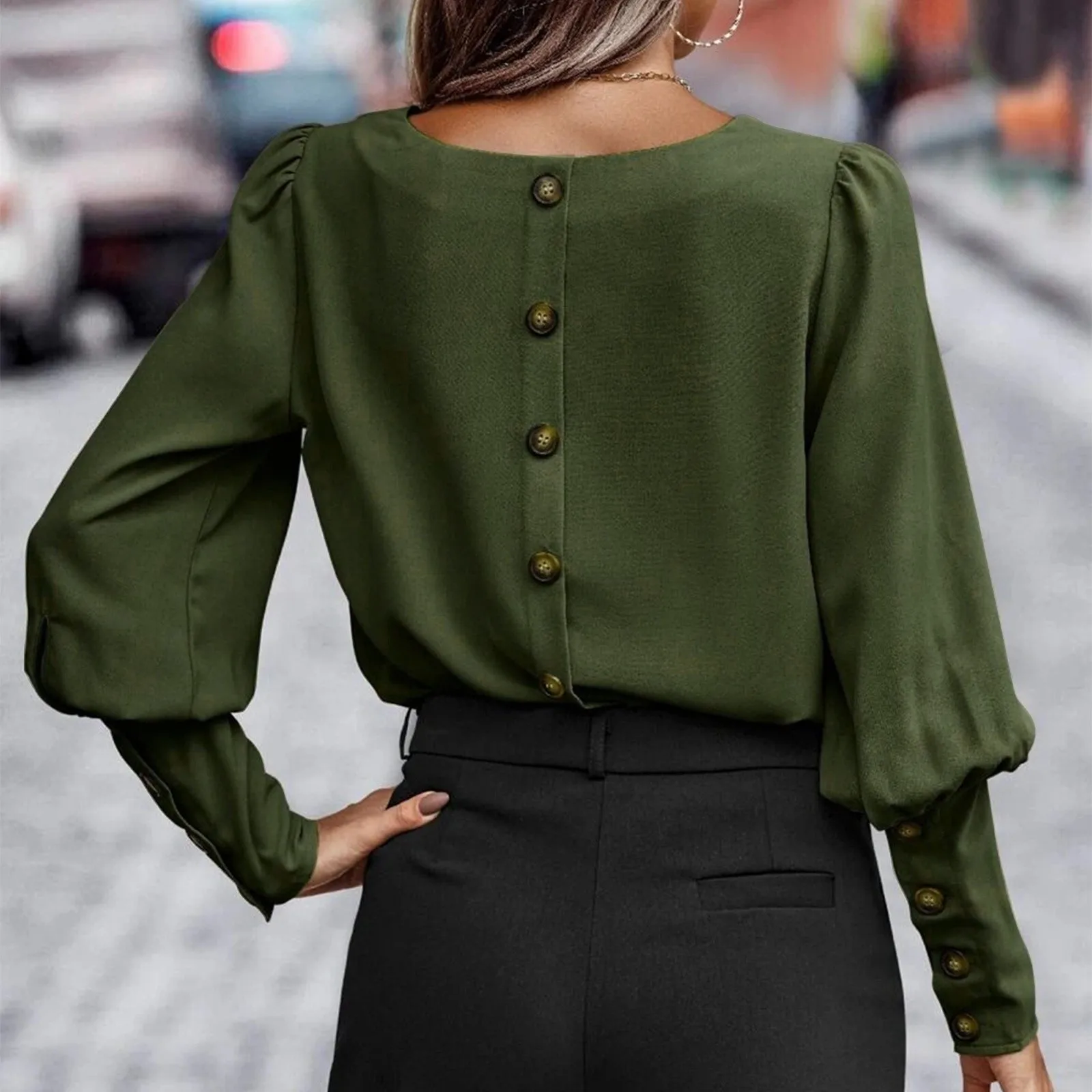 

Women Button Solid Color Shirt Elegant Long Lantern Sleeve T-Shirts Round Neck Loose Fit Top Commute T Shirt For Ladies Autumn