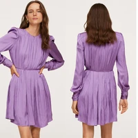 2022 spring new womens dress round neck purple wrinkle waist lace up dress