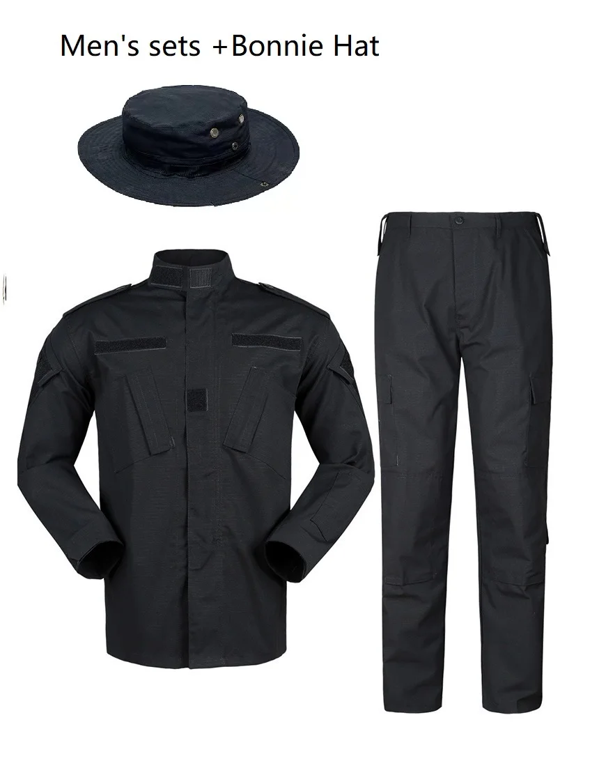 Men's Sets Black  Army Police Uniform ACU Ribstop Military Uiforms With Bonnie Hat Bucket hat