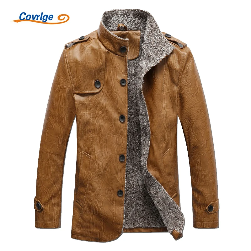 

Covrlge мужские модные кожаные куртки PU с длинным рукавом плюс бархатные пальто мужская одежда однотонный стоячий воротник мотоциклетная куртка MWP006