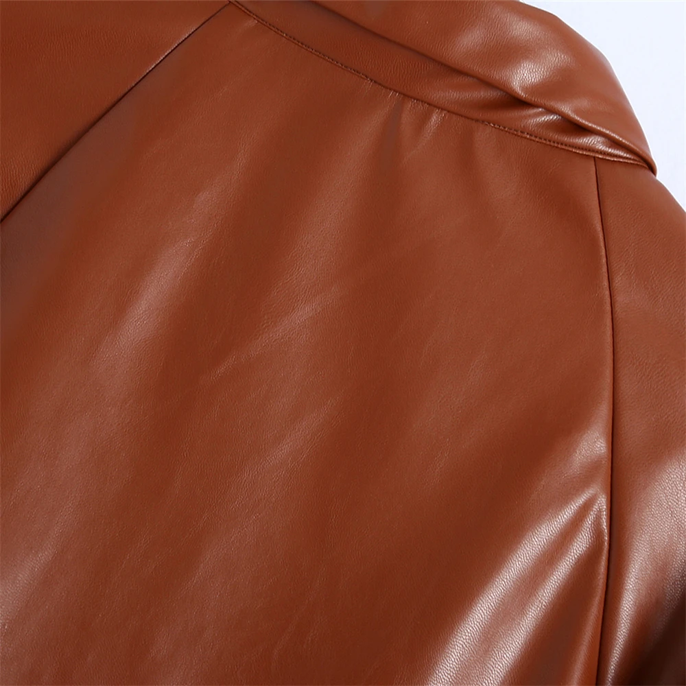 KEYANKETIAN Women's Faux leather shirt coat New red and brown POLO PU leather coat with rotator cuff for autumn and winter