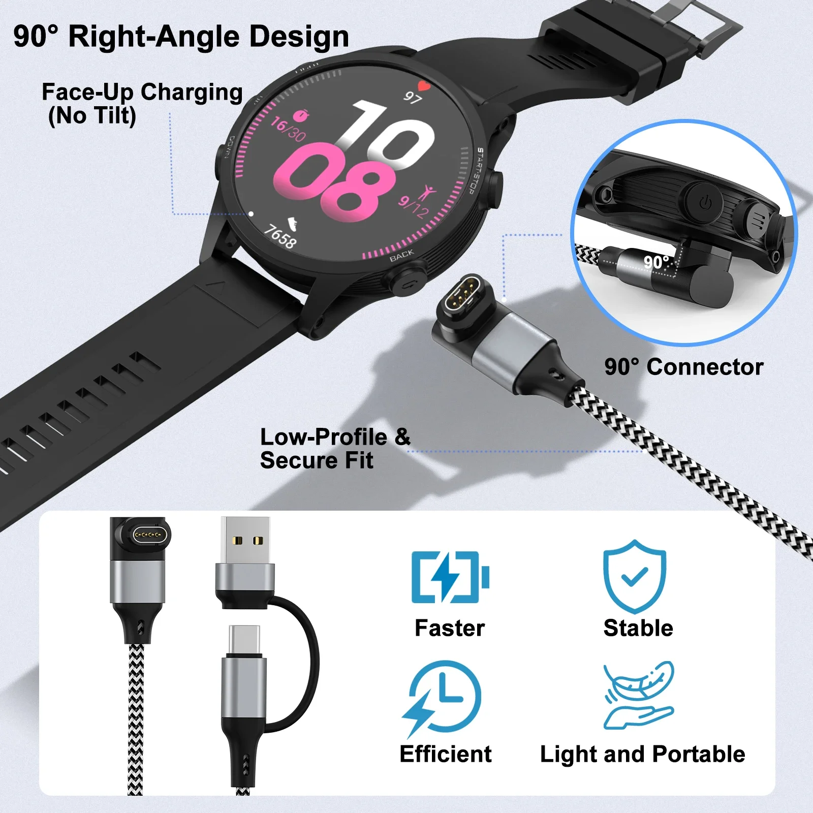 Фото Нейлоновый зарядный кабель USB Type C для Garmin Fenix 8/E/7/6/6X/6S/5X/5/5S Venu2/VenuSq2/3/3S Vivoactive4/4S/3 Approach S70/S62 №2