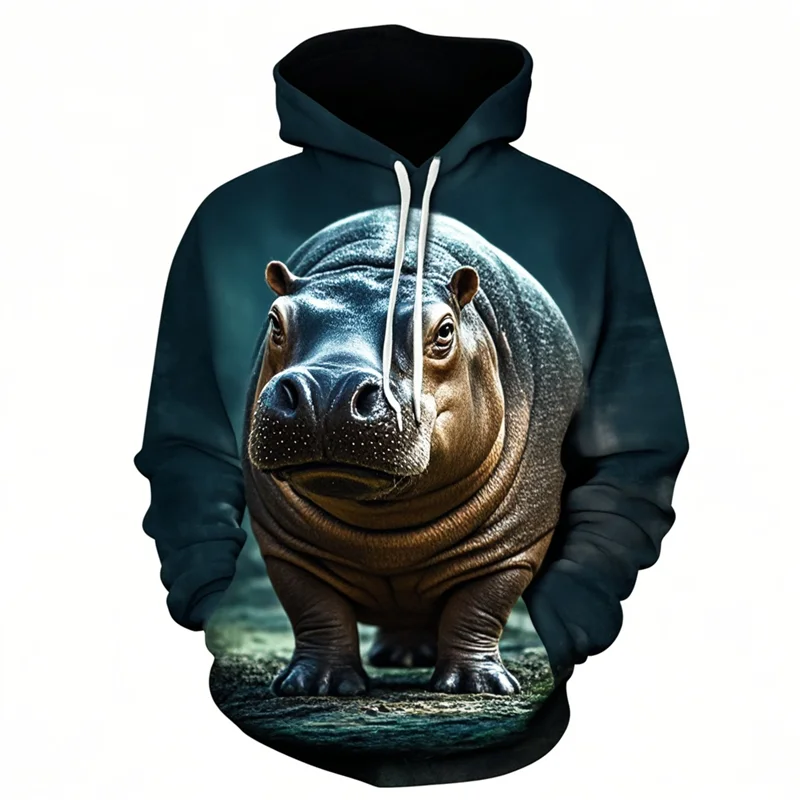 Фото New Fashion Animal Hippopotamus 3D Printed Unisex Hoodies Personality Casual Cute Pigmy Hippopotamus Oversize Sweatshirts Tops №1