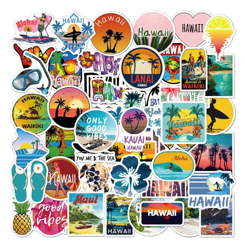 

50pcs Summer Beach Stickers PVC Waterproof Sunscreen DIY Decoration Computer Suitcase Mobile Phone Skateboard Repeated Stickers