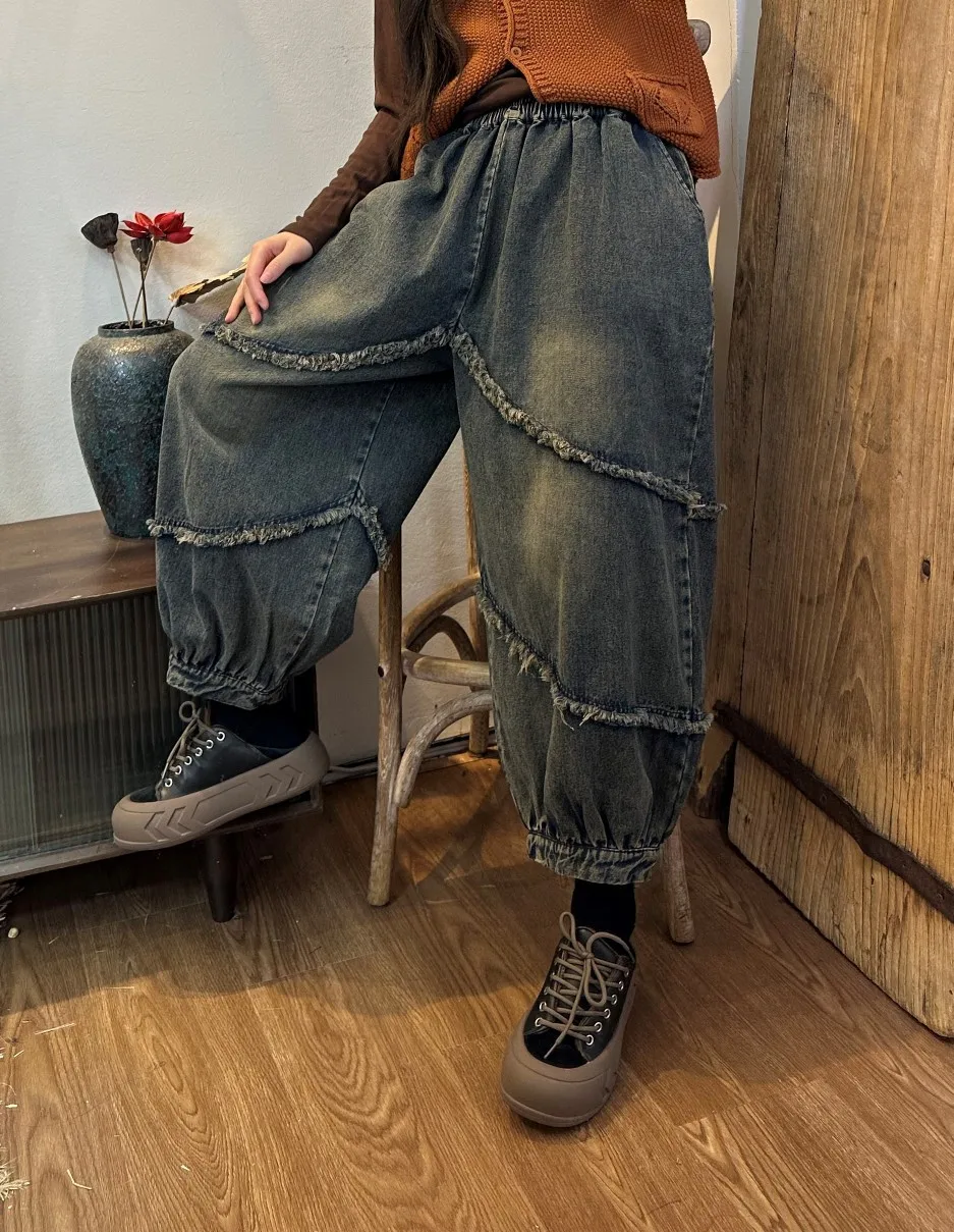 Frayed Paneled Mens Jeans Spring 2023 New Vintage Distressed Washed Bloomers for Men