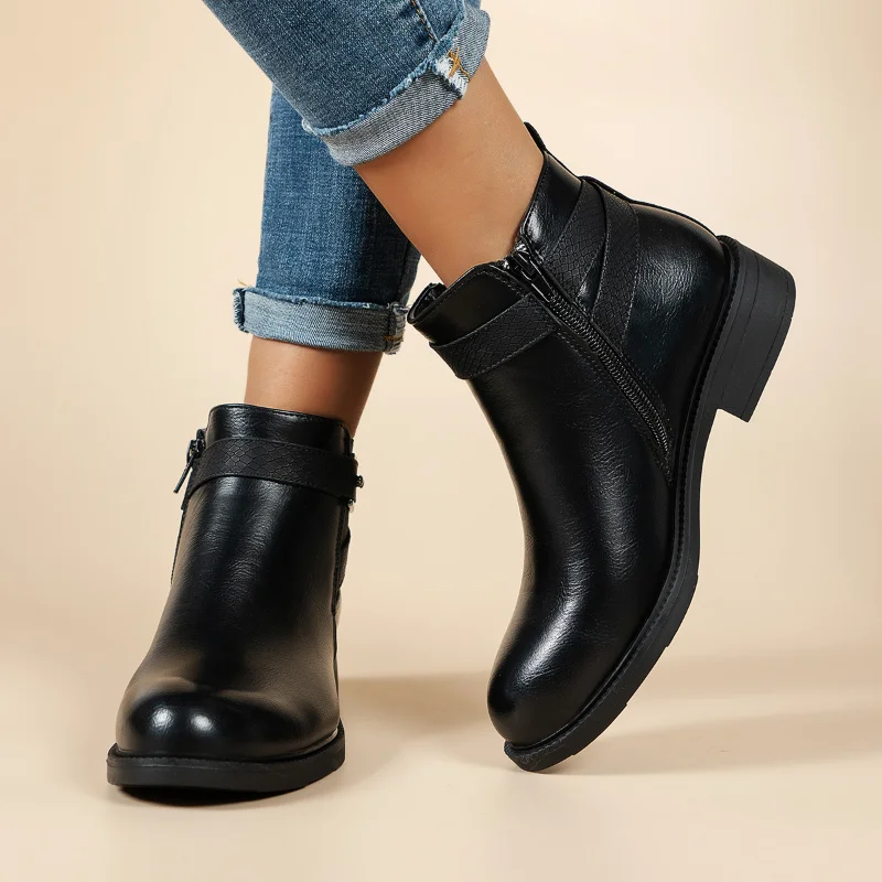 Black Ankle Boots 2022 Thick Heels Leather Women Winter Boots Fashion Casual Chelsea Boots Female Plus Size Women Platform Boots