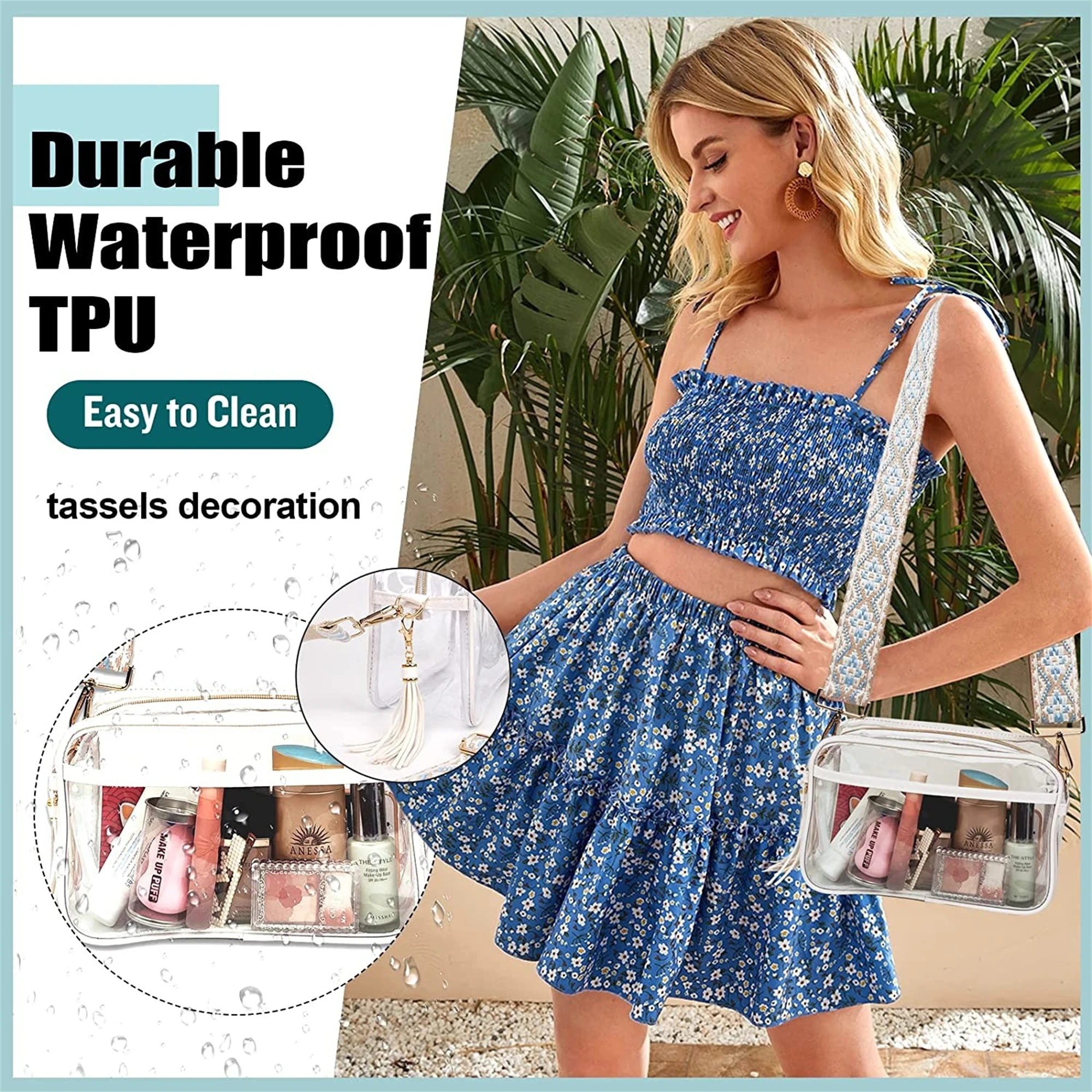 Women Courtney Gym Stadium Transparent PVC Crossbody Bag Clear Approved Purse With Guitar Strap with Zipper Top Bag For Concert