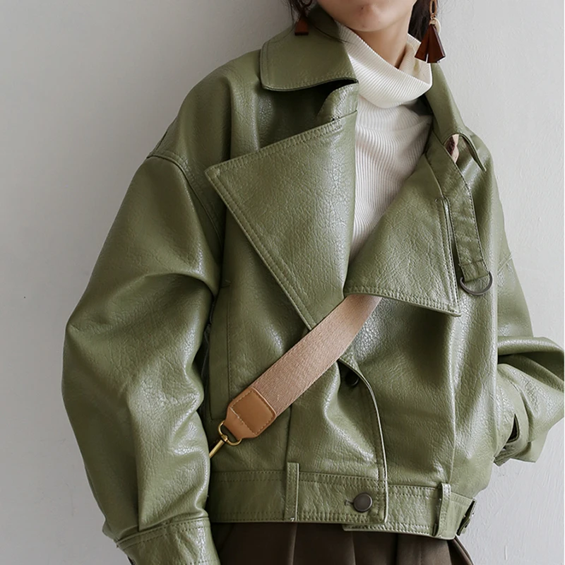 PU Faux Leather Jacket Women's Fashion Loose Lapel Spring / Autumn Motorcycle Motorcycle Jacket Women Streetwear Retro Clothing