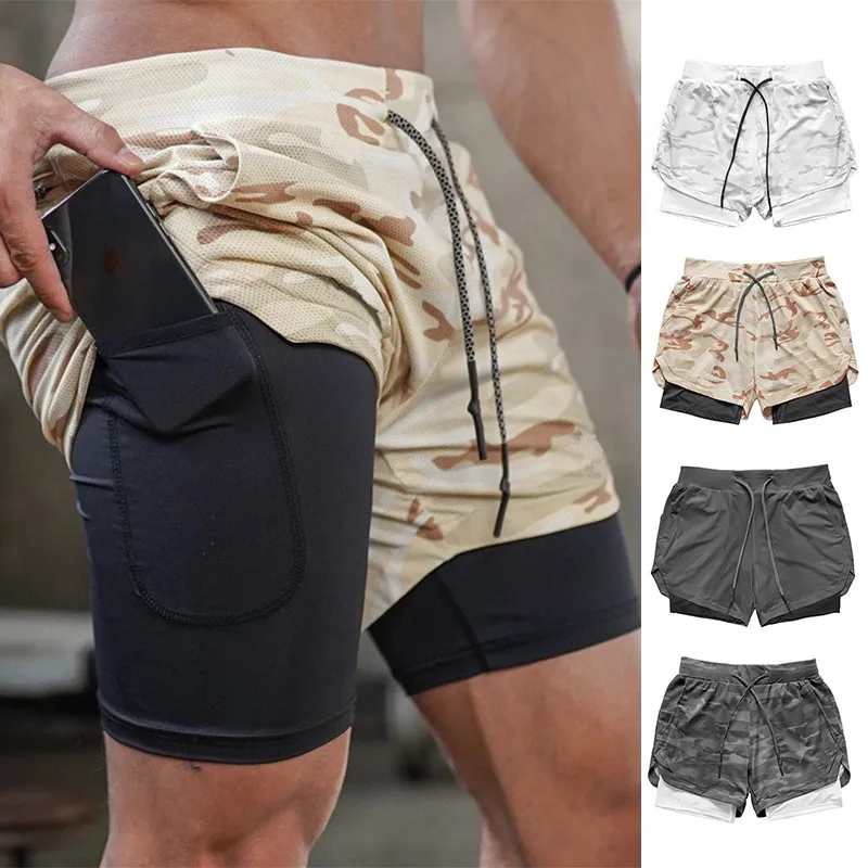 

2 In 1 Running Shorts Mens Camo Gym Sports Shorts Quick Dry Workout Training Fitness Jogging Short Pants Summer Men Shorts