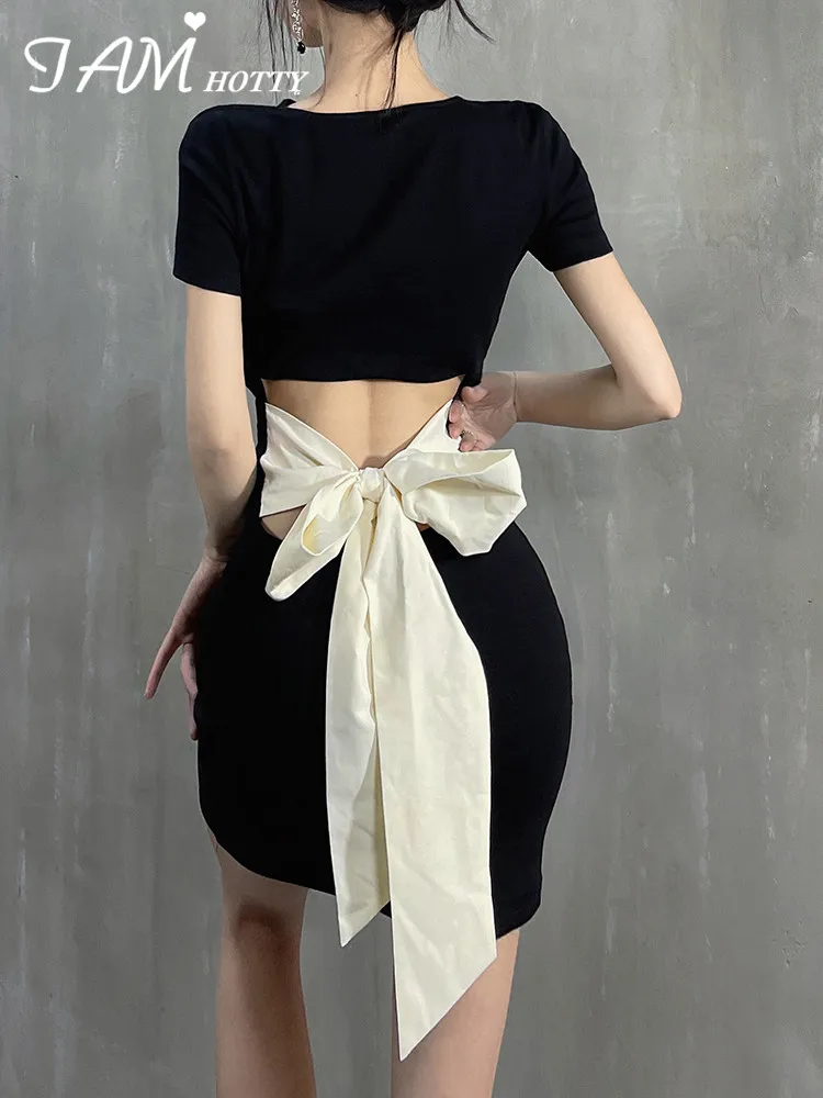 

IAMHOTTY Hollow Out Back Lace-up Bandage Bodycon Dress Women Short Sleeve Sexy Short Party Dresses Street Style Casual Outfit