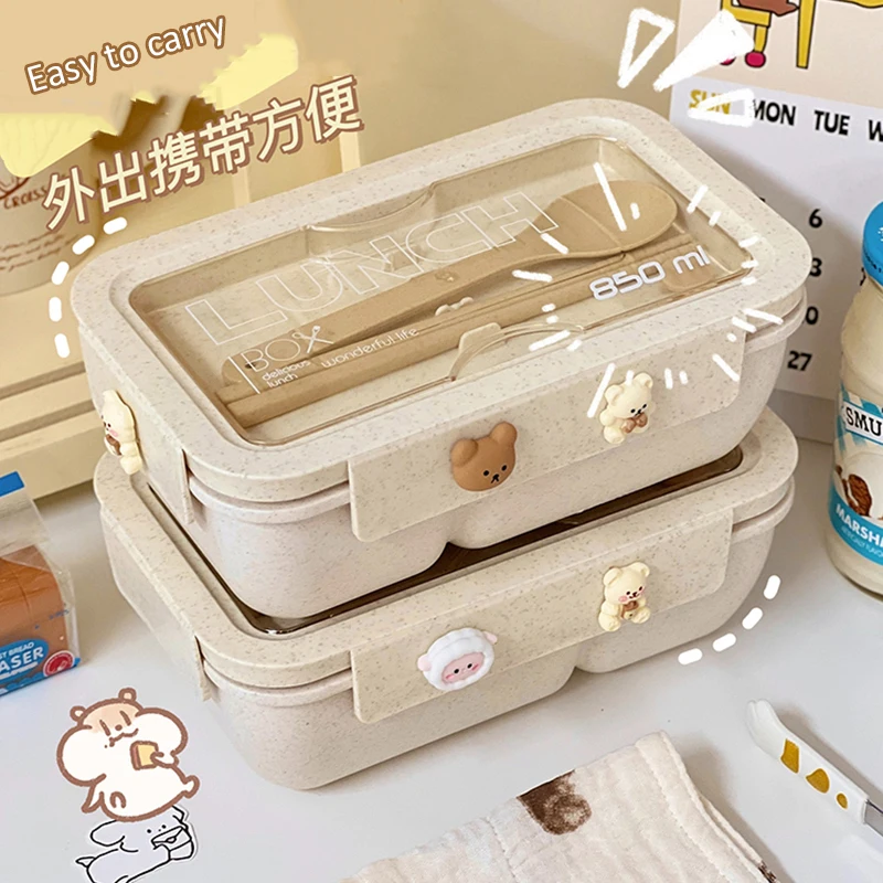 

Ins Lunch Box for Kids School Adults Office Wheat Straw Cute Microwave Picnic Portable Big Bento Box with Spoon Chopsticks