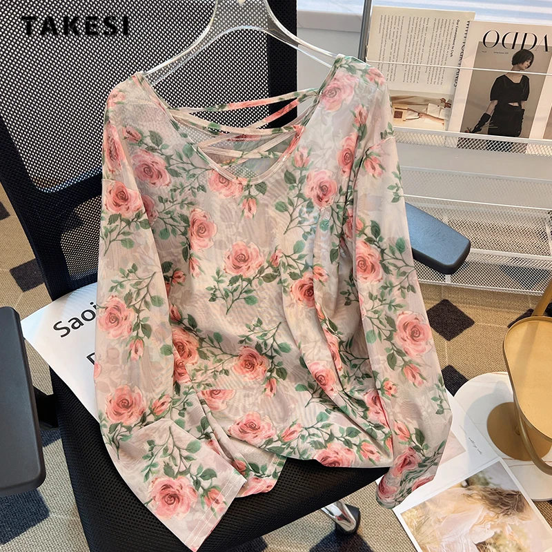 

2023 Summer Korean Sweet Style Round Neck Floral Print Long Sleeve Blouses Women Vintage Elegant Single Breasted Chiffon Shirts