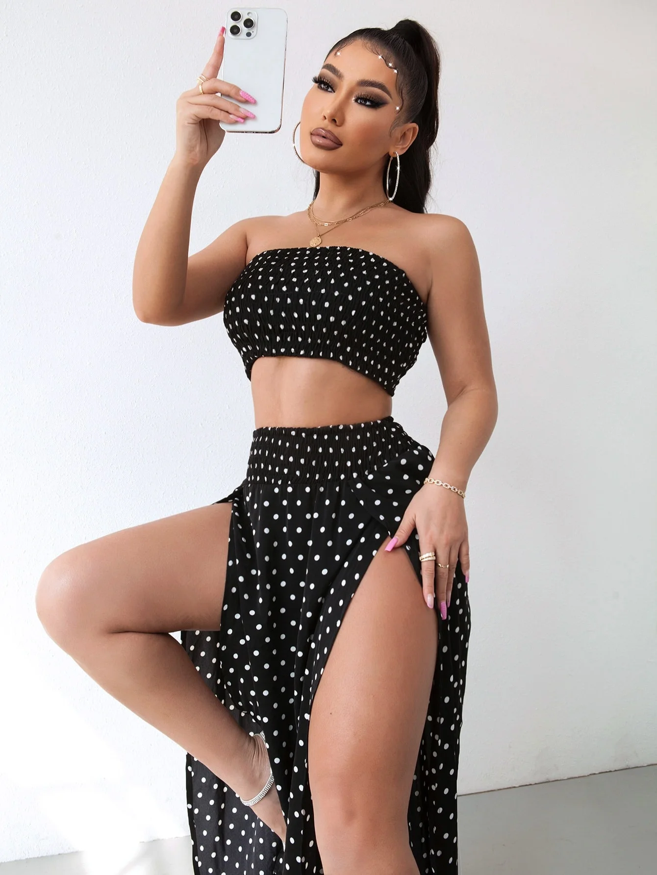 

EvaQueen Dress Polka Dot Print Crop Tube Top & Wrap Hem Skirt