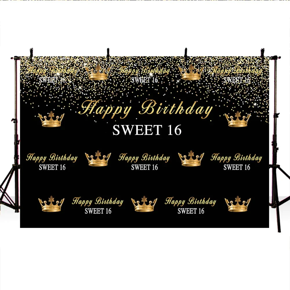 

Black Gold Crown Sweet 16th Birthday Backdrop for Girls Glitter Shiny Sequin Party Cake Table Banner Background Decorations