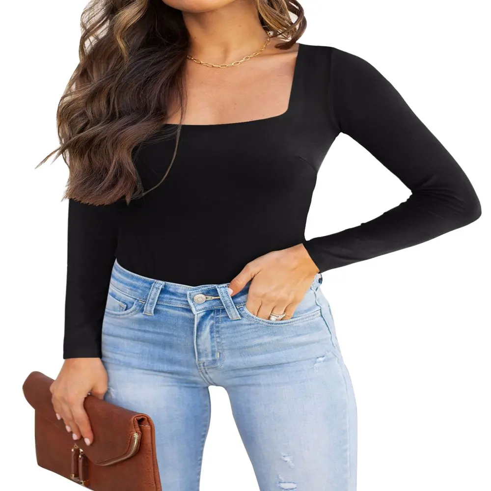 

Women`s Bodysuit Sexy Square Neck Long Sleeve Tops Black-S