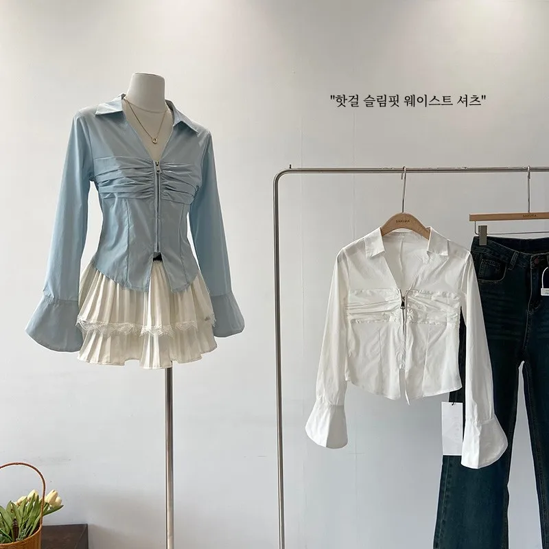 Женская рубашка с длинным рукавом Голубая универсальная короткая блузка в