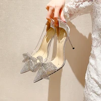 luxury designer rhinestone diamond butterfly knot transparent sandals pointed toe high heels crystal shoes wedding womens pumps